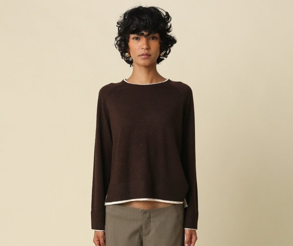 Olivaceous Double Layer Crewneck Sweater in Brown Ivory, front view styled with trousers