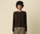Olivaceous Double Layer Crewneck Sweater in Brown Ivory, front view styled with trousers