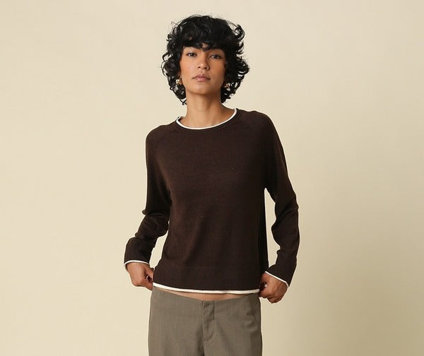 Olivaceous Double Layer Crewneck Sweater in Brown Ivory, front view with hands in pockets