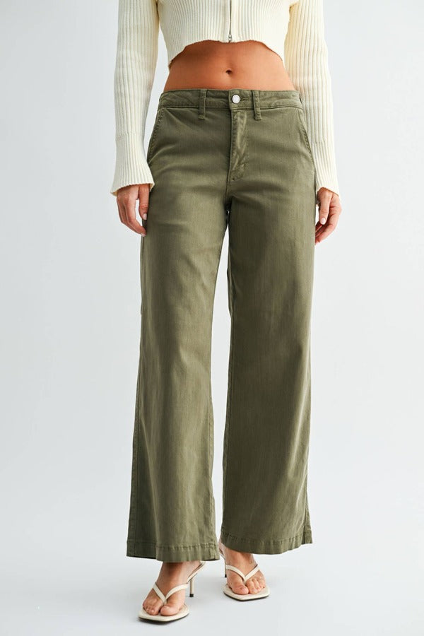 JBD Stretch Twill Slim Wide Leg Jean in Olive, front view