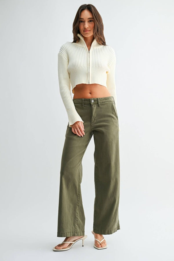 JBD Stretch Twill Slim Wide Leg Jean in Olive, front view