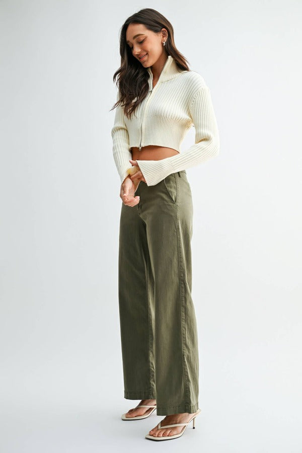 JBD Stretch Twill Slim Wide Leg Jean in Olive, side view