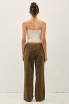 Be Cool Wide Leg Corduroy Pant with Elastic Waistline and Pockets in Olive, back view