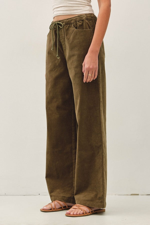 Be Cool Wide Leg Corduroy Pant with Elastic Waistline and Pockets in Olive, detail view