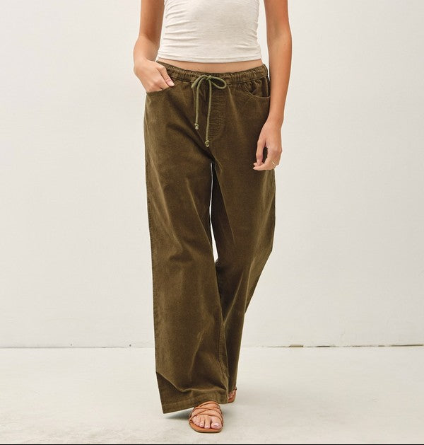 Be Cool Wide Leg Corduroy Pant with Elastic Waistline and Pockets in Olive, front view