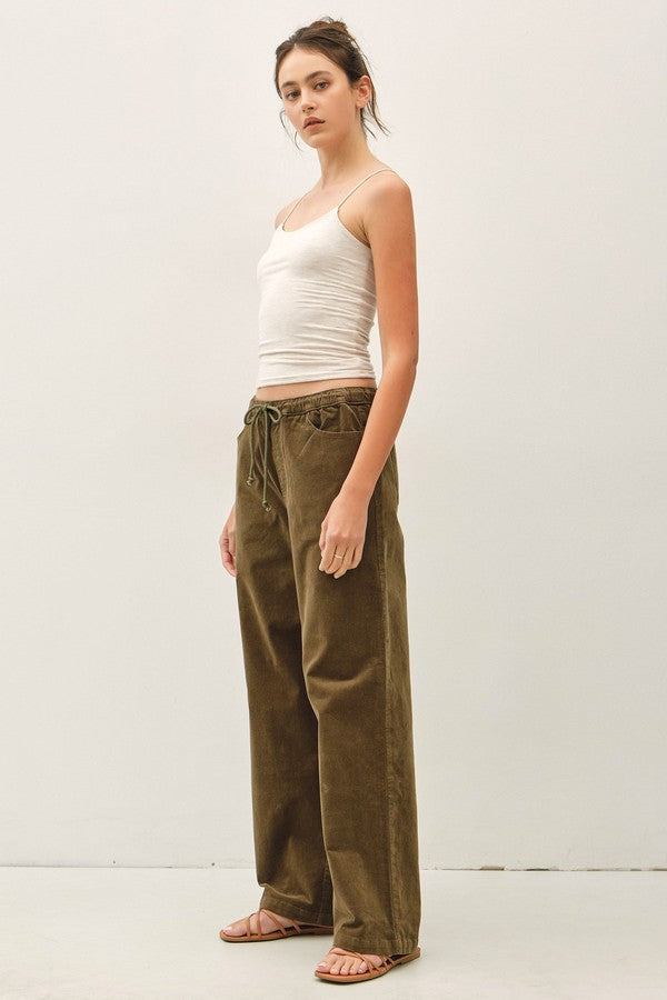 Be Cool Wide Leg Corduroy Pant with Elastic Waistline and Pockets in Olive, side view
