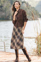 Be Cool Plaid A-Line Midi Skirt with Elastic Waistline in Khaki, front view
