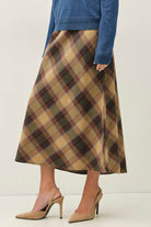 Be Cool Plaid A-Line Midi Skirt with Elastic Waistline in Khaki, detail view