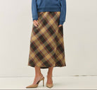 Be Cool Plaid A-Line Midi Skirt with Elastic Waistline in Khaki, front view