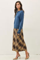 Be Cool Plaid A-Line Midi Skirt with Elastic Waistline in Khaki, side view