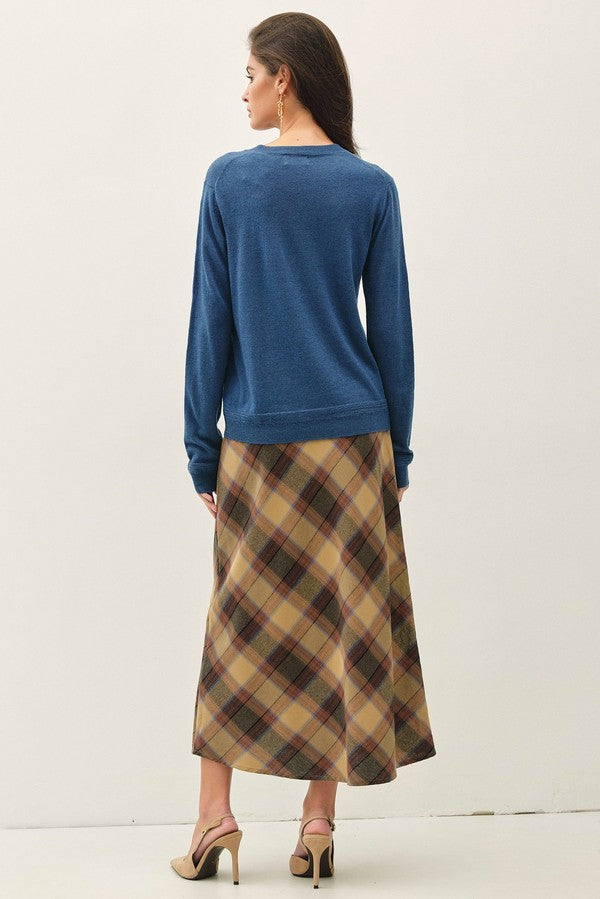 Be Cool Plaid A-Line Midi Skirt with Elastic Waistline in Khaki, back view