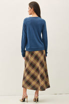 Be Cool Plaid A-Line Midi Skirt with Elastic Waistline in Khaki, back view