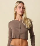Olivaceous Cropped Long Sleeve Button Up Cardigan in Dark Mocha, front view