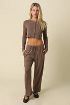 Olivaceous Wide Leg Draw String Pant in Dark Mocha, front view