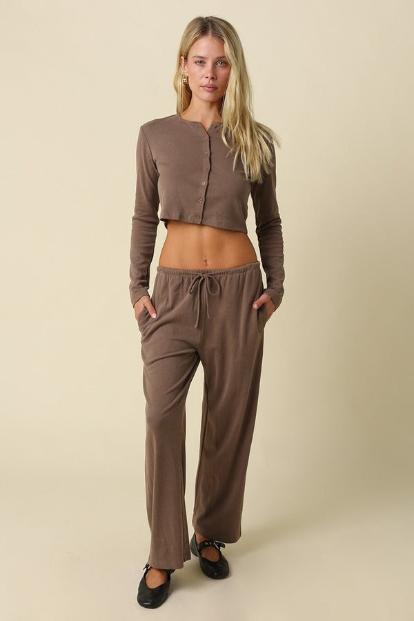Olivaceous Wide Leg Draw String Pant in Dark Mocha, front view