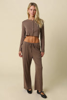 Olivaceous Wide Leg Draw String Pant in Dark Mocha, front view