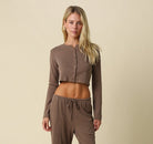 Olivaceous Cropped Long Sleeve Button Up Cardigan in Dark Mocha, front view