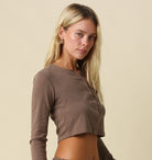 Olivaceous Cropped Long Sleeve Button Up Cardigan in Dark Mocha, side view