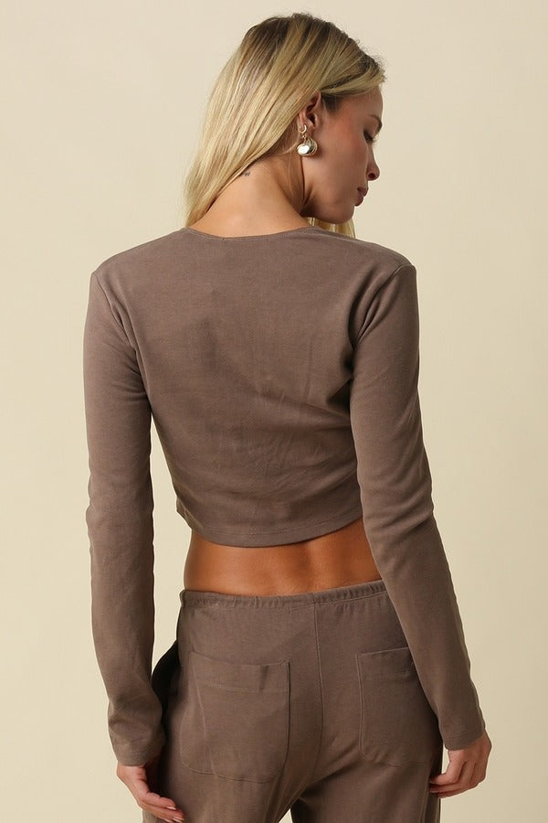 Olivaceous Cropped Long Sleeve Button Up Cardigan in Dark Mocha, back view