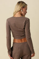 Olivaceous Cropped Long Sleeve Button Up Cardigan in Dark Mocha, back view