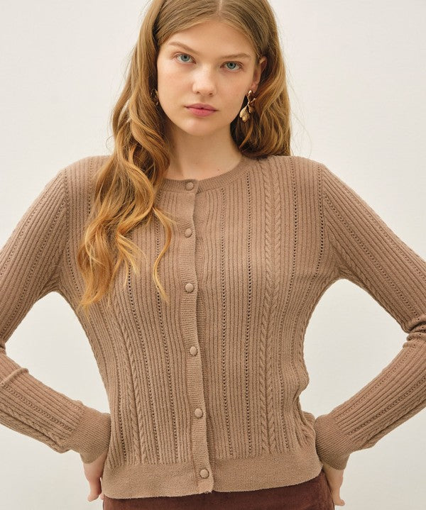 Be Cool Ultrasoft Pointelle Fitted Cardigan in Mocha, front view