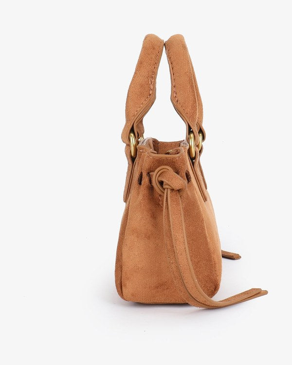 Remi & Reid Pepper Mini Satchel Faux Suede in Camel, side view