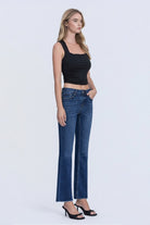 Flying Monkey Mid Rise Raw Hem Kick Flare in Privilege, side three-quarter view