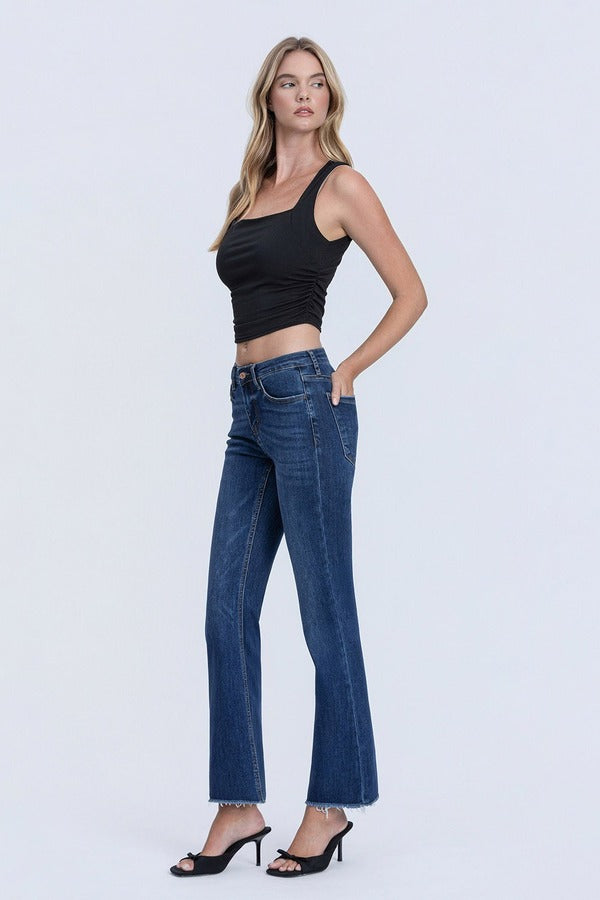 Flying Monkey Mid Rise Raw Hem Kick Flare in Privilege, side three-quarter view
