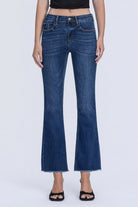Flying Monkey Mid Rise Raw Hem Kick Flare in Privilege, close-up front view