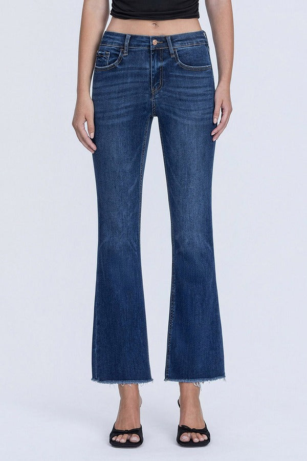 Flying Monkey Mid Rise Raw Hem Kick Flare in Privilege, close-up front view