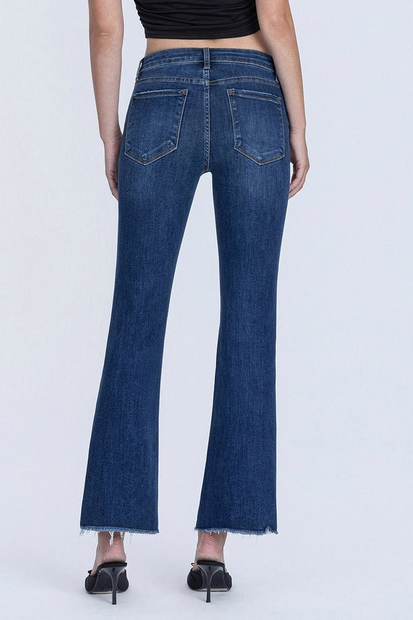 Flying Monkey Mid Rise Raw Hem Kick Flare in Privilege, close-up back view