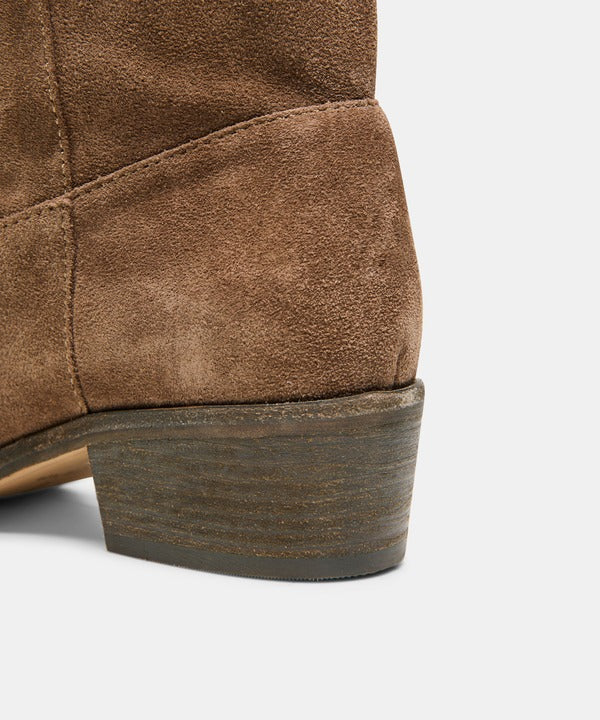Dolce Vita Romie Boot in Chocolate Suede, heel detail view