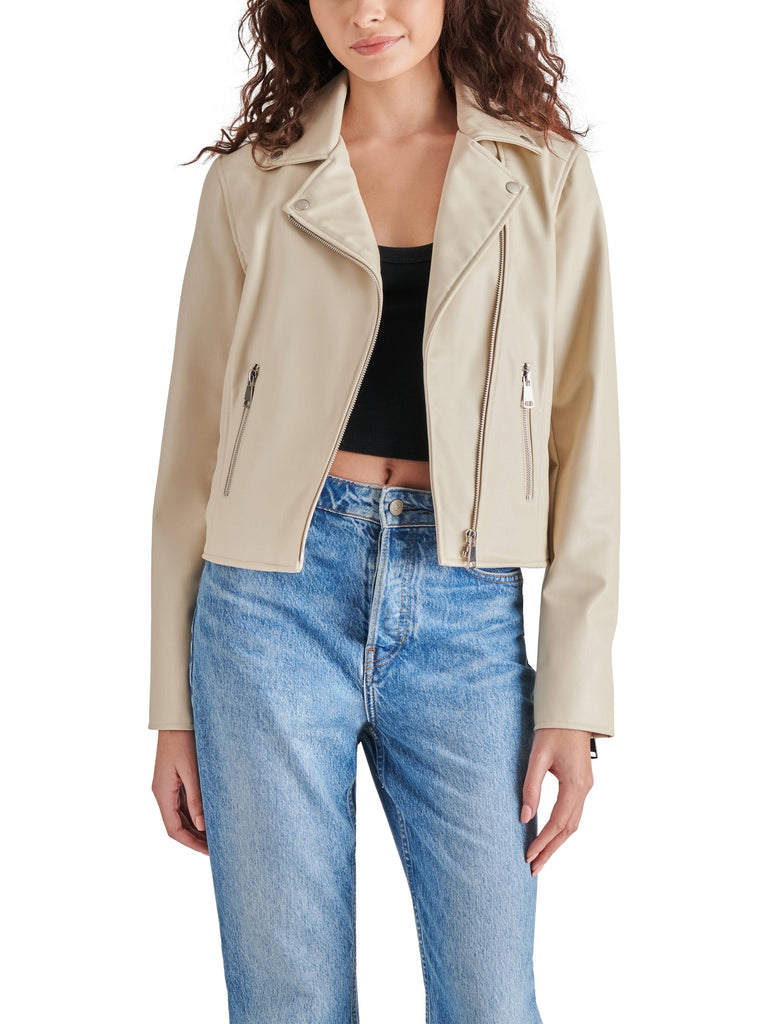 Steve Madden Vinka Jacket Bone.  A faux leather construction plus substantial zipper and rivet hardware gives this cropped Vinka Jacket classic biker-inspired look.