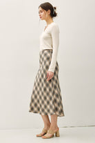 Be Cool Flowy Plaid Print Midi Skirt with Elastic Waist in Charcoal, side view