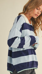 & Merci Striped Rugby Sweater in Blue/Navy, side view