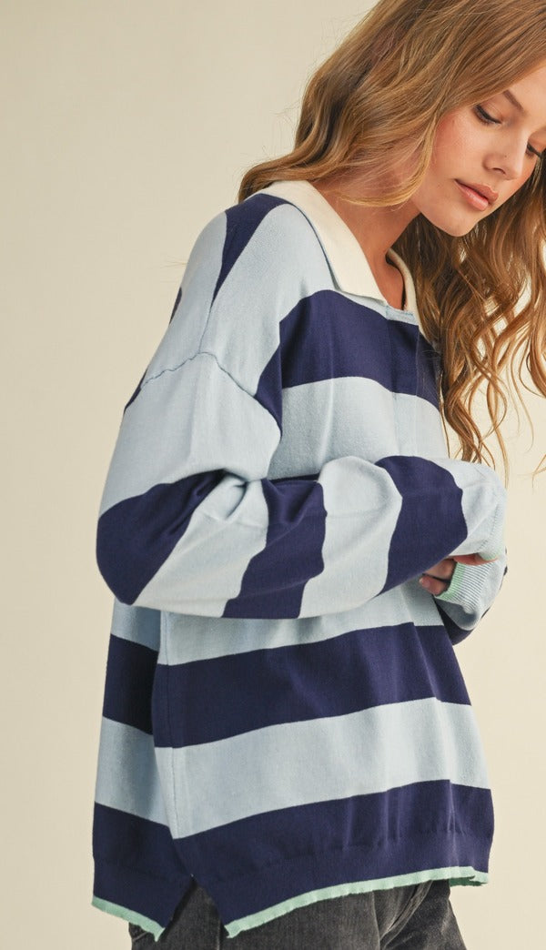 & Merci Striped Rugby Sweater in Blue/Navy, side view
