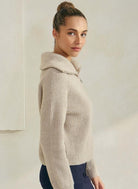 Yelete Luxe Funnel Neck Cardigan in Oat, side view
