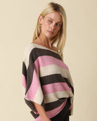Olivaceous Bold Stripe Off Shoulder Sweater in Beige Coffee Pink, side view