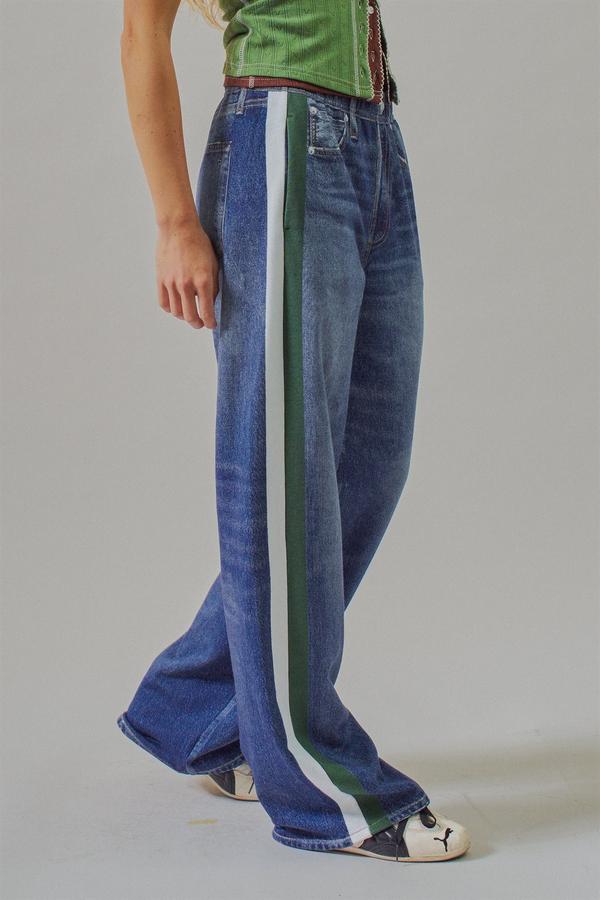 Urban Daizy Wide Leg Faux Denim Print French Terry Track Pants in Denim, side view