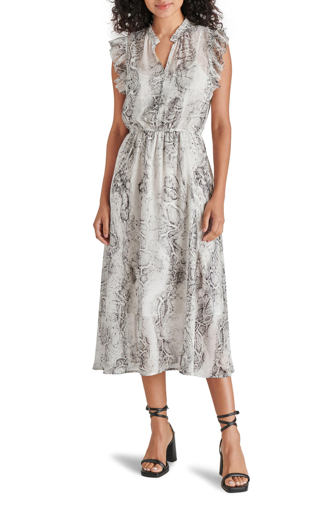 Steve Madden Allegra Dress Black White. An edgy snakeskin print decorates this ruffle-trimmed chiffon midi dress that's cinched at the waist and perfect for an elevated look. 