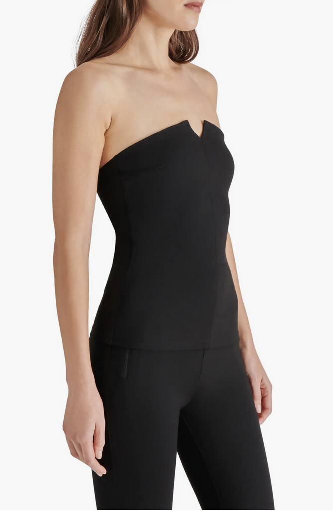Steve Madden Vena Top Black. Bring on the night in this strapless bustier top fixed with a notch at the neckline and closed with a ribbon-tabbed exposed zipper.