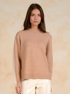 Front view of a colorblock crewneck sweater.