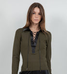 Whiteroom + Cactus Faux Leather Collared Knit Sweater in Olive, front view