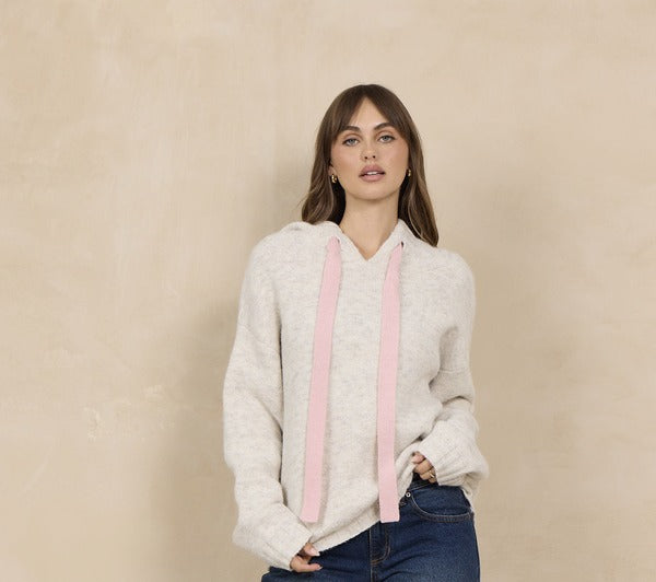 Vintage Havana Soft Hoodie W/ Pink Contrast Ties in Heather Almond, front view