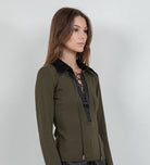 Whiteroom + Cactus Faux Leather Collared Knit Sweater in Olive, side view