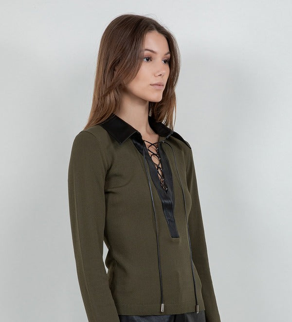Whiteroom + Cactus Faux Leather Collared Knit Sweater in Olive, side view