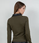 Whiteroom + Cactus Faux Leather Collared Knit Sweater in Olive, back view
