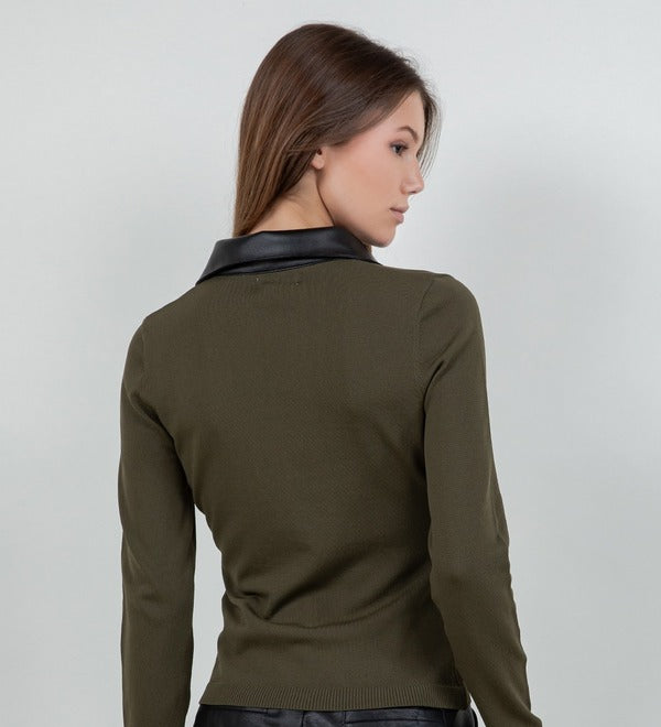 Whiteroom + Cactus Faux Leather Collared Knit Sweater in Olive, back view