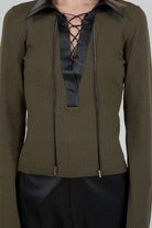 Whiteroom + Cactus Faux Leather Collared Knit Sweater in Olive, detail of collar and lace-up neckline