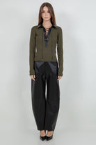 Whiteroom + Cactus Faux Leather Collared Knit Sweater in Olive, full length front view